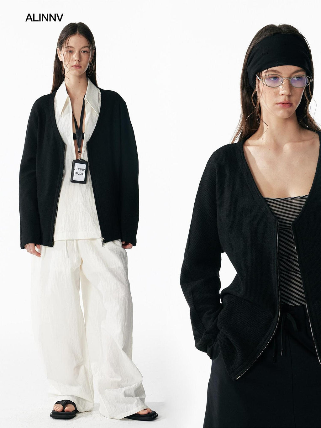ALINNVSTUDIO Non Deforming Vintage Zip Regular Fit Long Sleeve Women Knit Black Cardigans