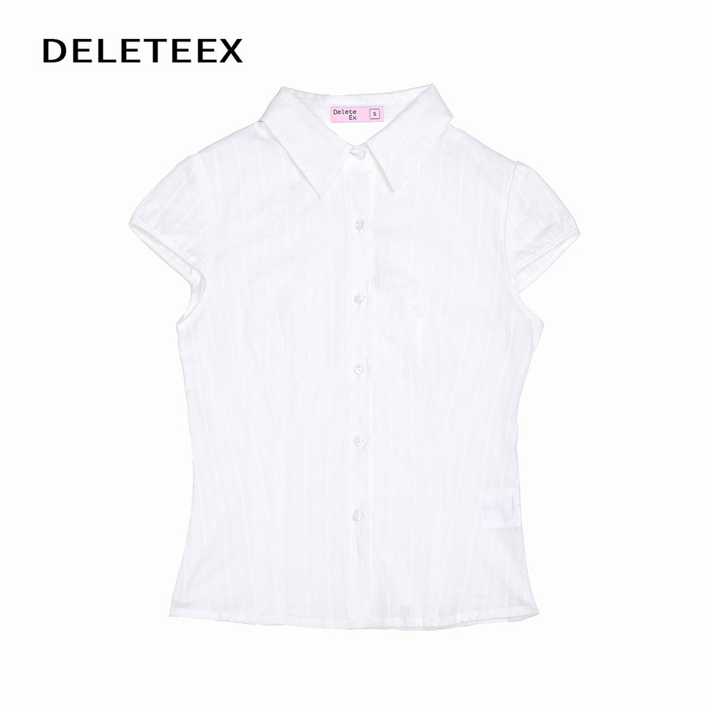 DeleteEx_100%_Cotton_Slim_Fit_Collared_Short_Sleeve_Striped_Original_White_Blouses_MISSTT