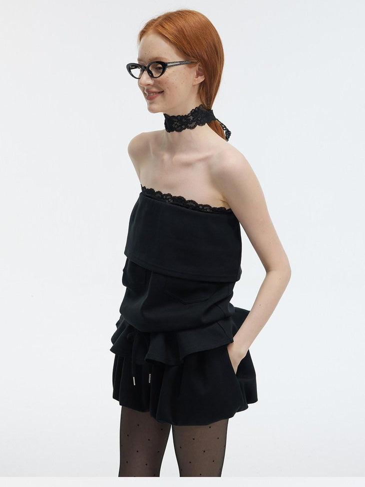 ALINNVSTUDIO Elegant Lace Ruffle Work H Fit Mid Waist Young Women Black Gray Midi Skirts