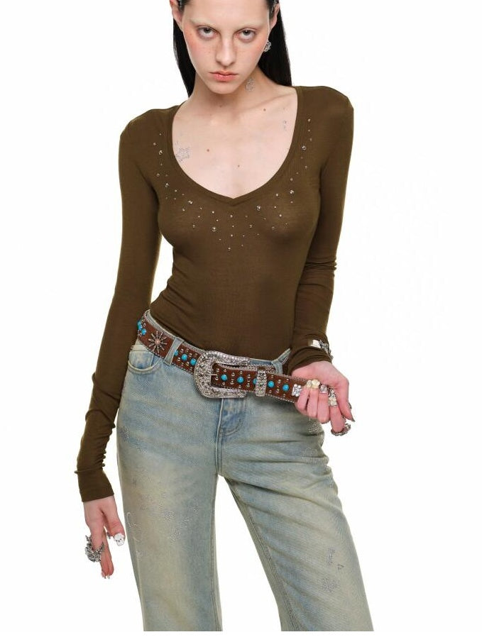 1JINN STUDIO Lyocell Wool Blend Commuter Slim Fit Low Round Neck Solid Long Sleeve T-Shirts