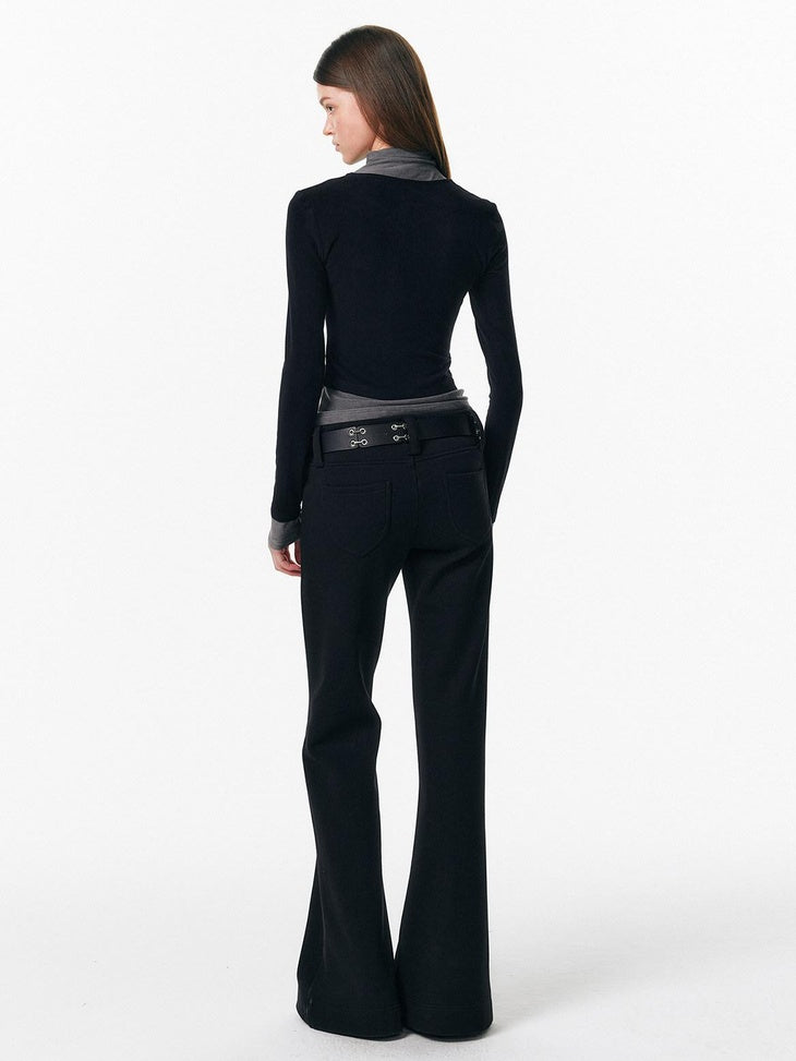 ALINNVSTUDIO Warm Low Rise Casual Zip Fly Slight Stretch Black Women Flared Pants