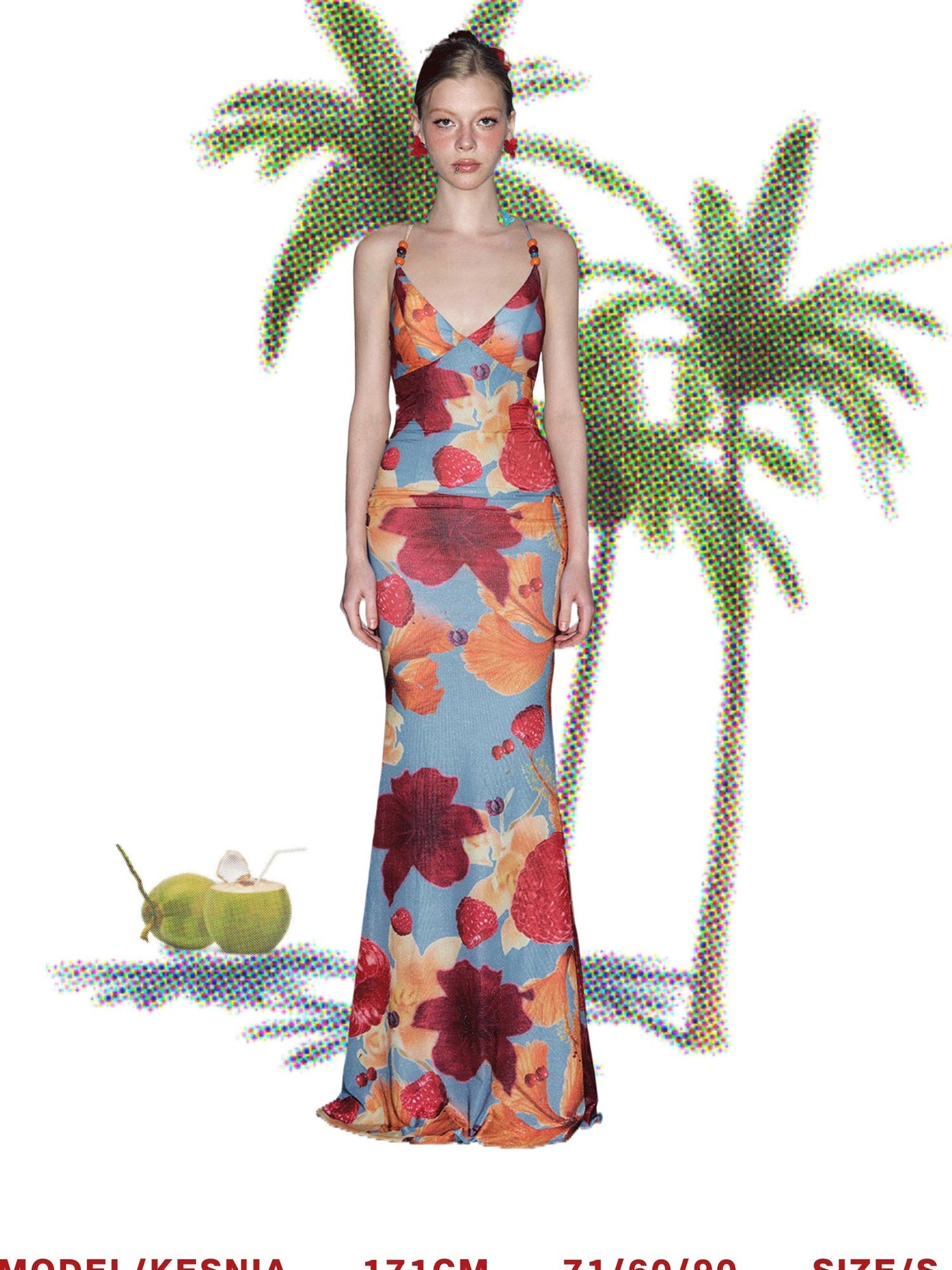 DeleteEx Flattering V-neck Tie Detail Trendy Slim Fit Printed Stretch Women Maxi Dresses