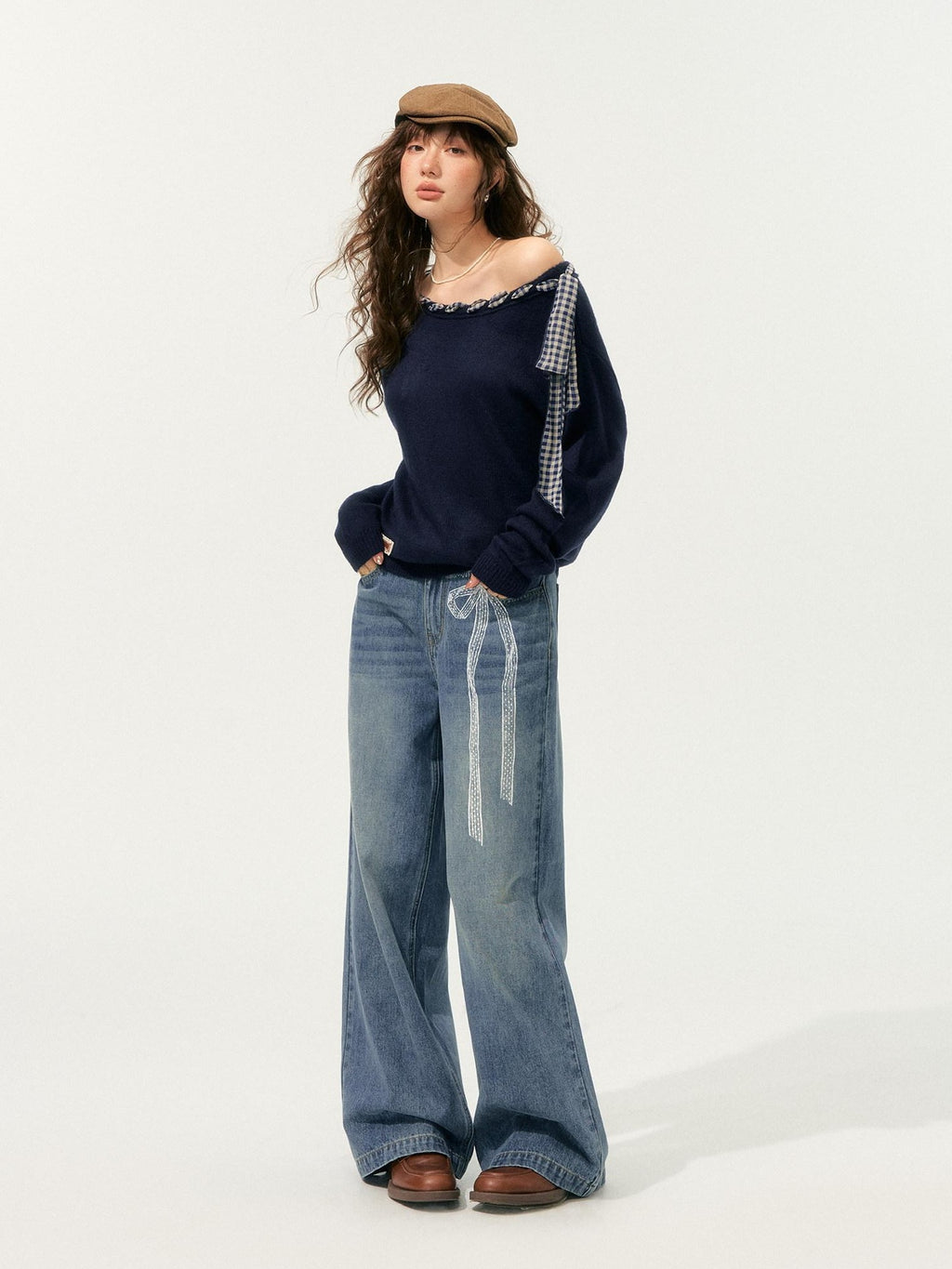 SOMESOWE Acrylic Plaid Drawstring Bow Casual Loose Fit Crew Neck Women Daily Sweaters