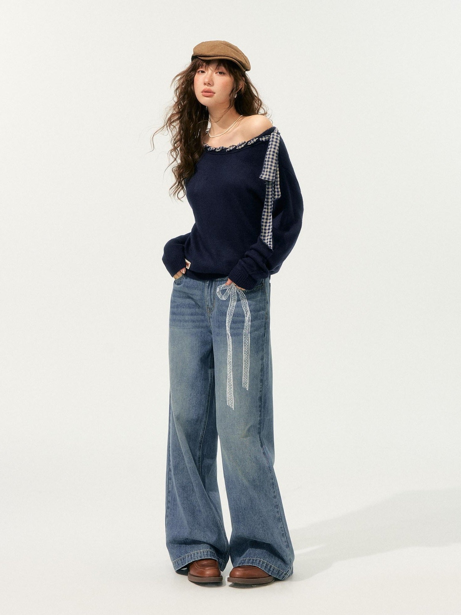 SOMESOWE Acrylic Plaid Drawstring Bow Casual Loose Fit Crew Neck Women Daily Sweaters
