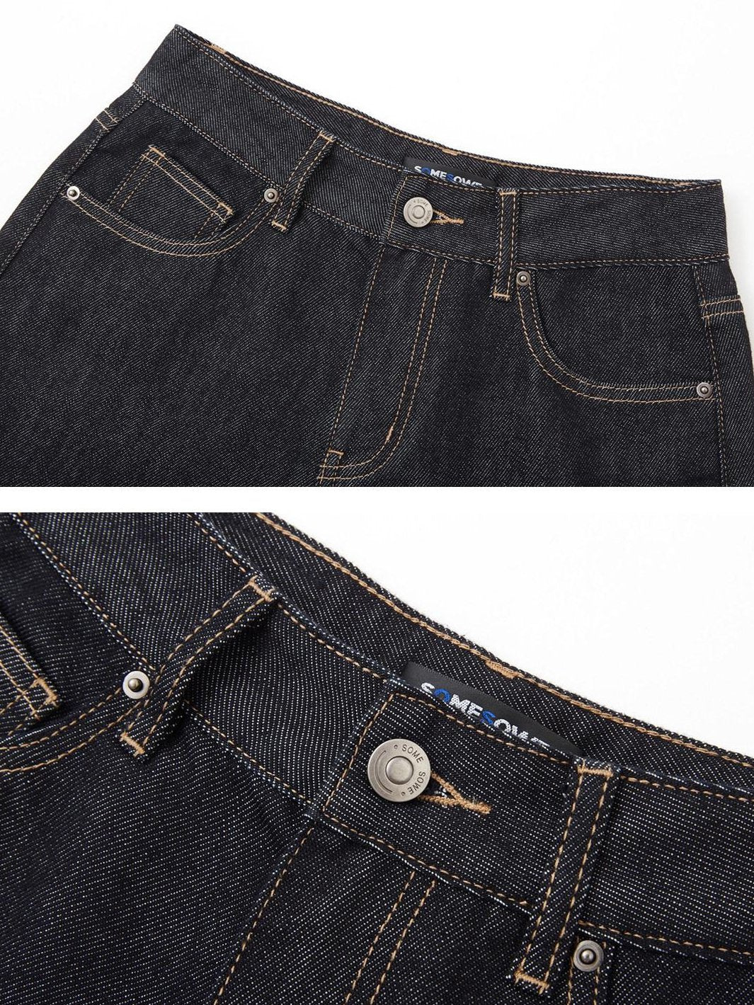 SOMESOWE Minimalist Straight Natural Waist Button Fly Deep Blue Stretch Denim Shorts
