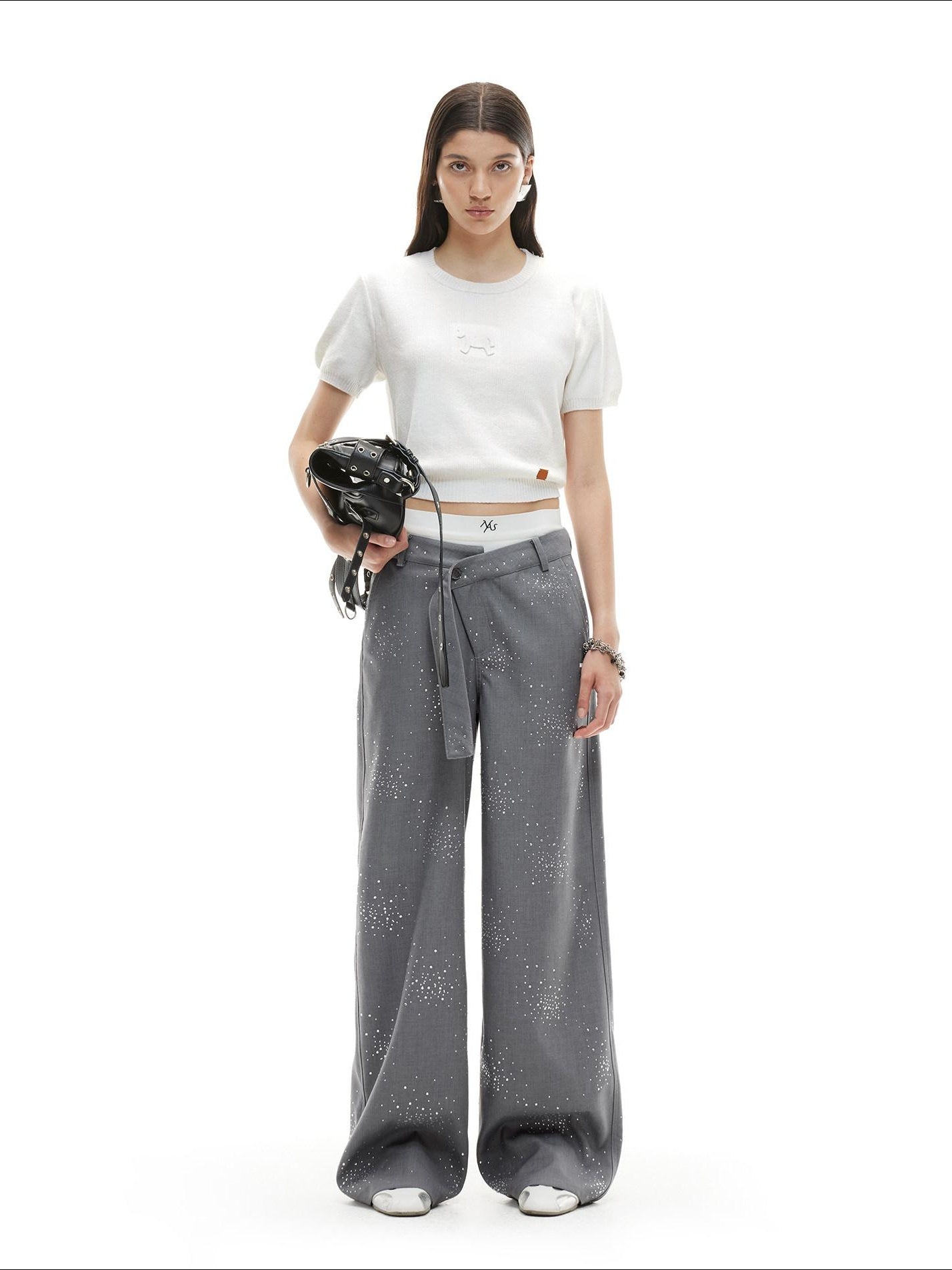 NAWSNOTAWEAR Rhinestone Low Rise Relaxed Women Button Closure Mist Gray Wide Leg Pants