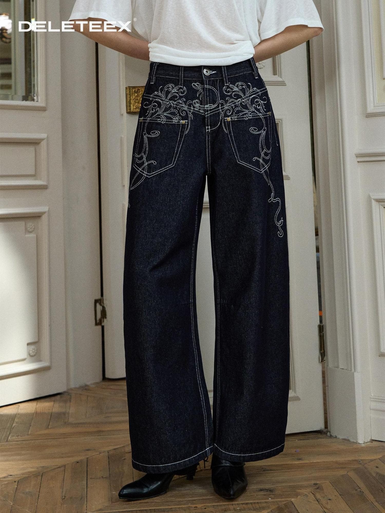DeleteEx Embroidered Natural Waist Button Fly Micro Stretch Women Black Wide Leg Jeans
