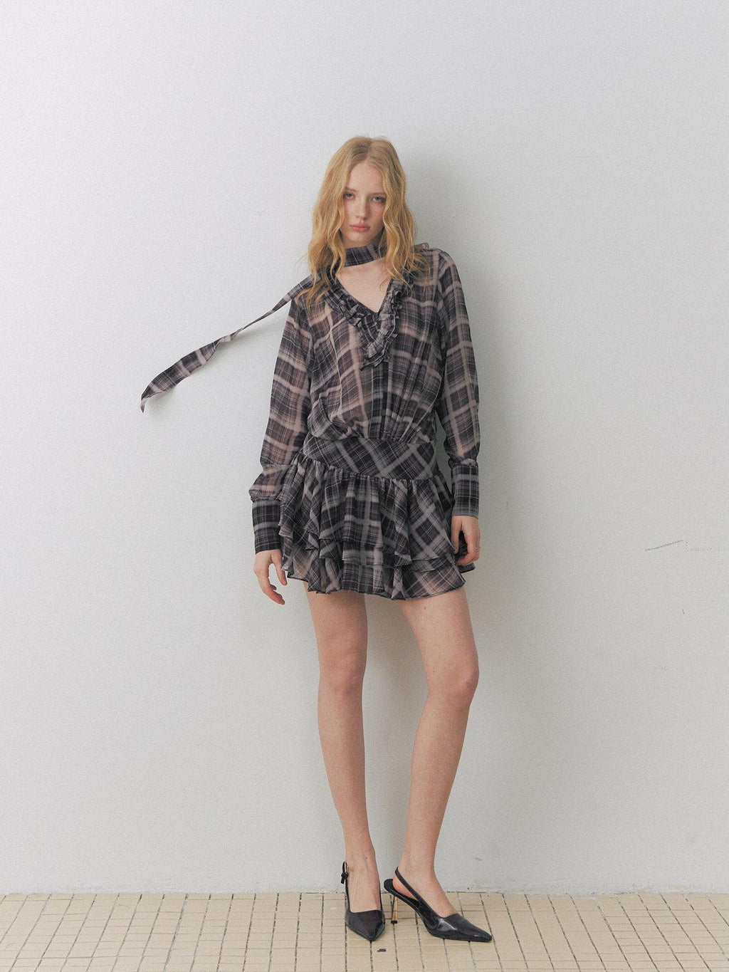 DeleteEx Chic Vintage Asymmetrical V-neck Slim Long Sleeve Plaid Citywalk Mini Dresses