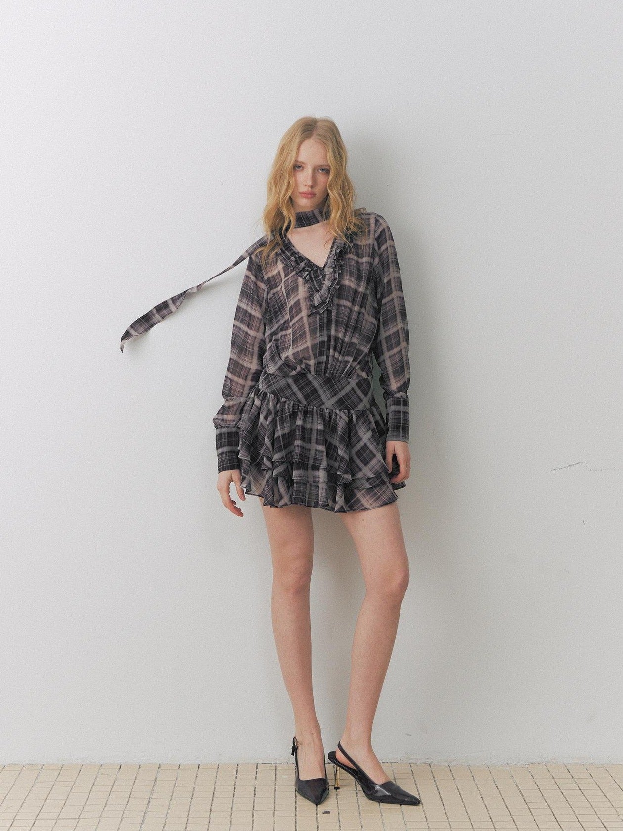 DeleteEx Chic Vintage Asymmetrical V-neck Slim Long Sleeve Plaid Citywalk Mini Dresses