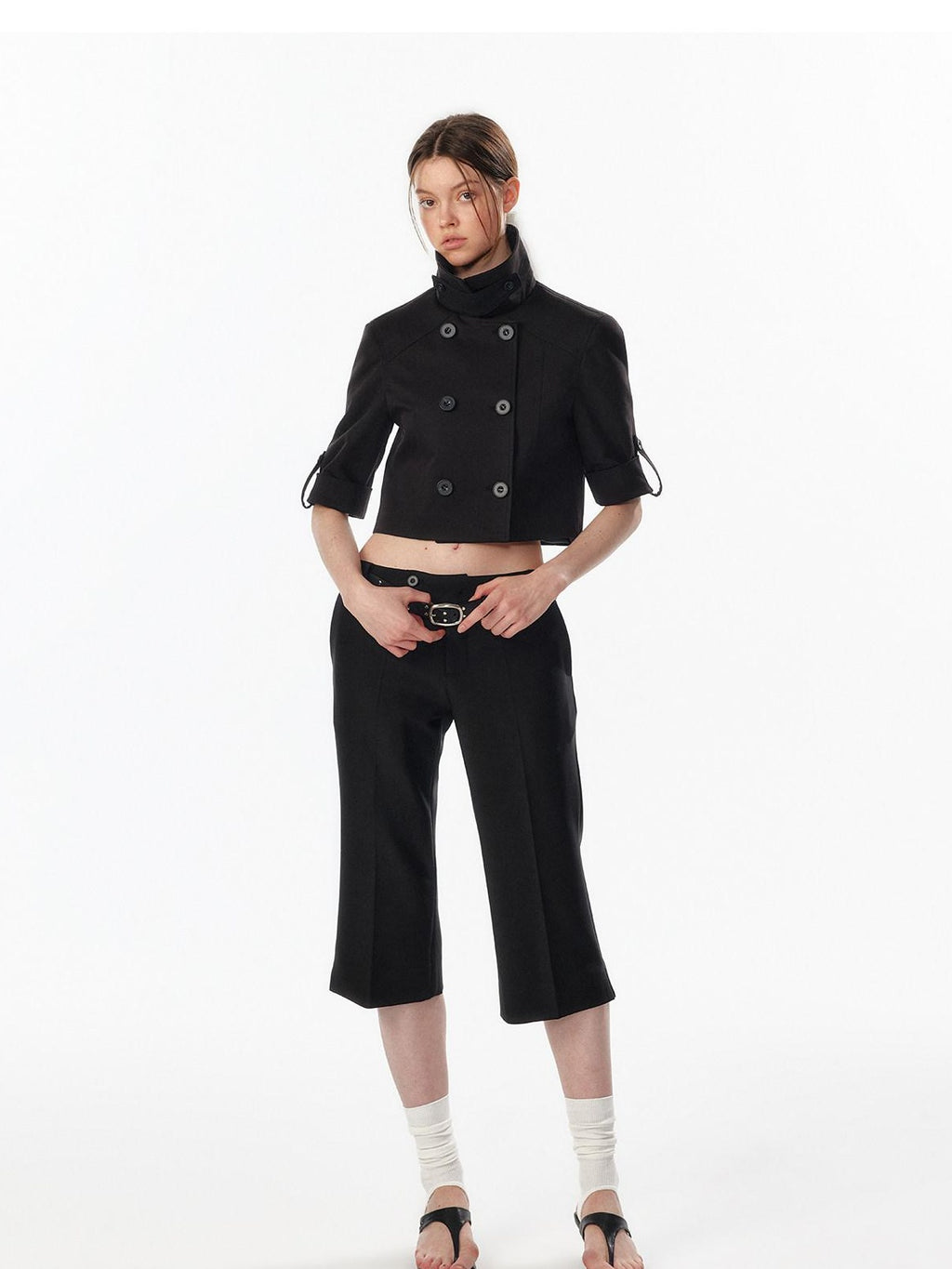Casual High Waist Double Breasted Cropped Black Cotton Blend Women Trench Coats