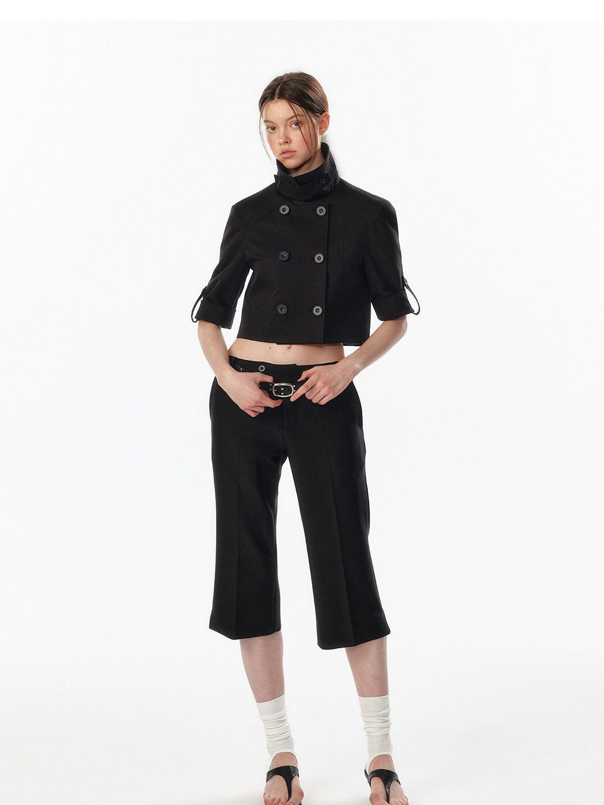Casual High Waist Double Breasted Cropped Black Cotton Blend Women Trench Coats