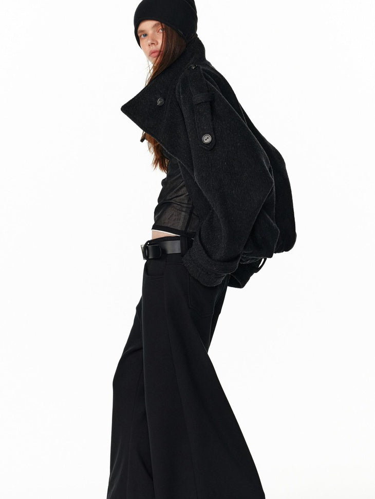 ALINNVSTUDIO Double Breasted Short Loose Lapel Commuter Women Thick Black Gray Wool Coats