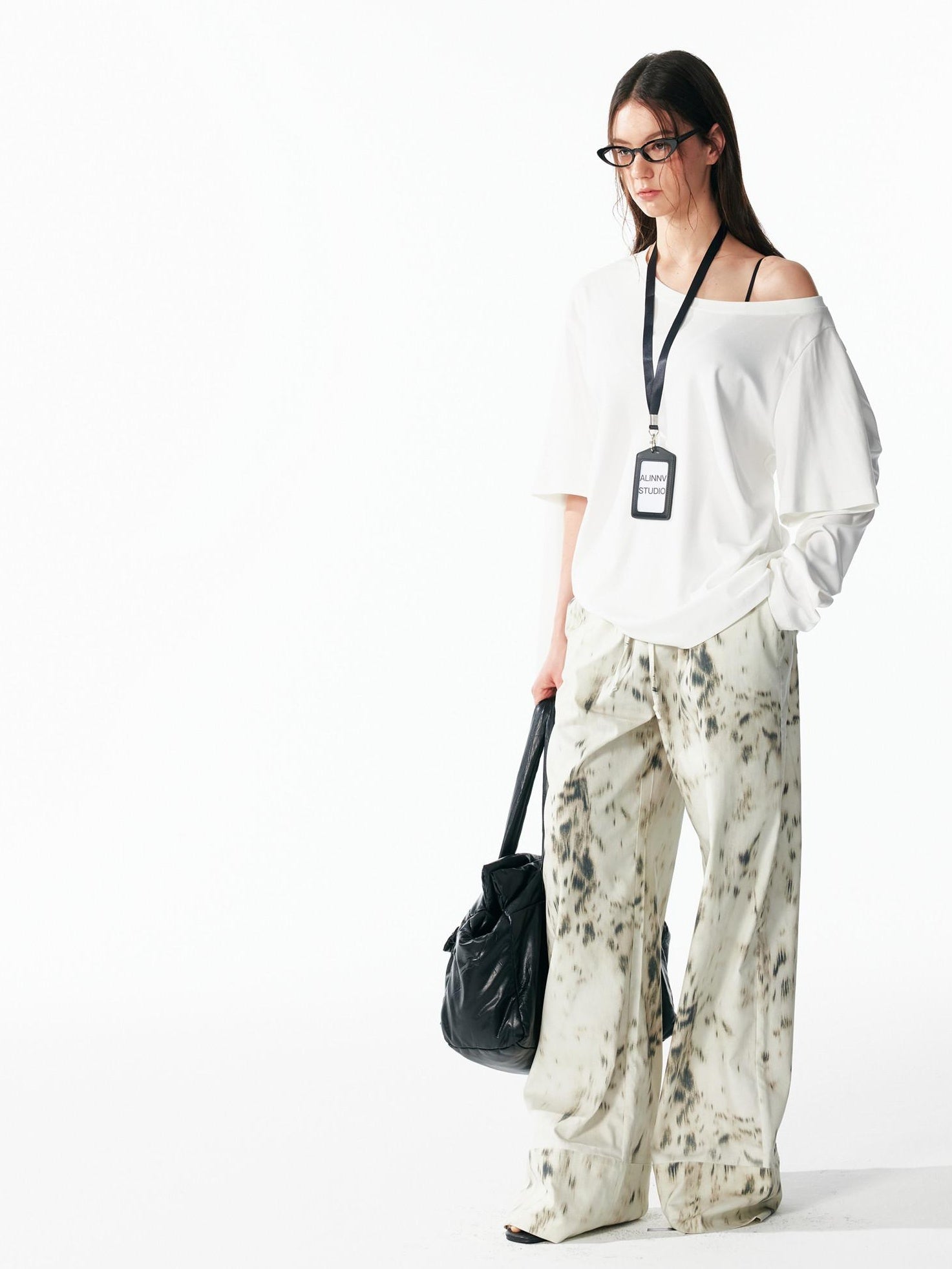 ALINNVSTUDIO Vintage Asymmetric Off Shoulder Loose Cotton Women Black Top & Skirt Sets