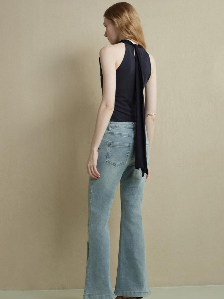 someonesometimes Slim Cutout Ruched Tie Front Korean Casual Navy Poly Tank Tops