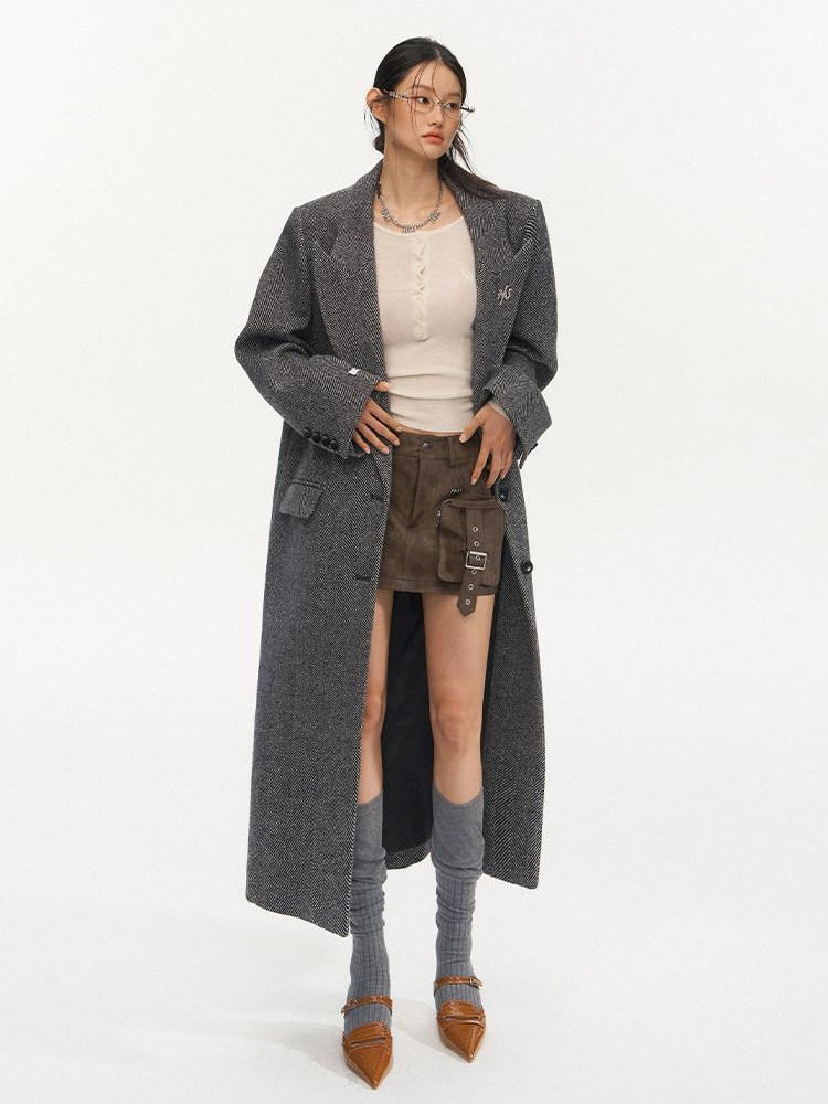 NAWSNOTAWEAR Herringbone Wool Blend Loose Fit Blazer Collar Women Single Breasted Wool Coats