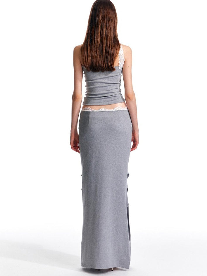 ALINNVSTUDIO Lace Knit Mid Waist Bodycon Slim Fit Youthful Black Grey Maxi Skirts