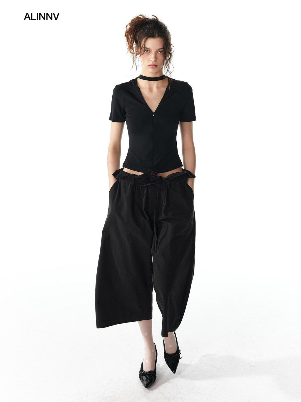 ALINNVSTUDIO Soft Cotton Blend High Waisted Wide Flowing Casual Black White Wide Leg Pants