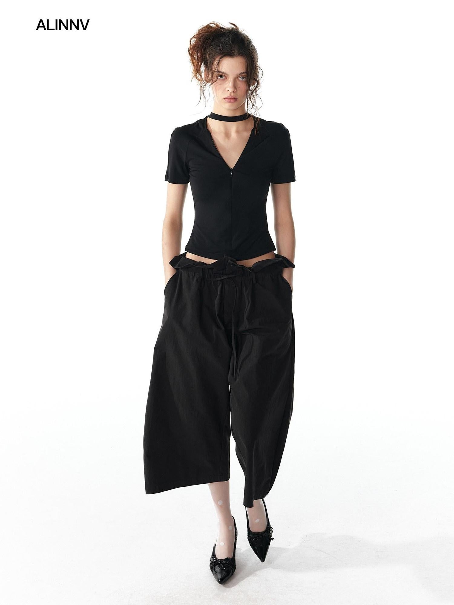 ALINNVSTUDIO Soft Cotton Blend High Waisted Wide Flowing Casual Black White Wide Leg Pants