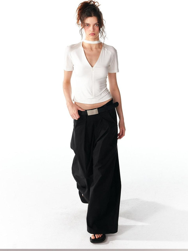 ALINNVSTUDIO Moisture Modal Stretch Asymmetric V-neck Slim Cross Basic Crop Tops