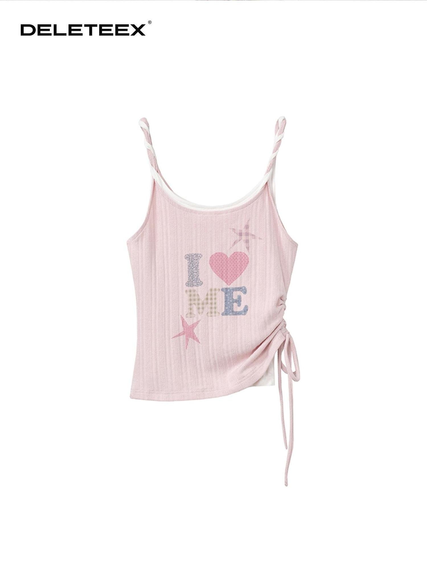DeleteEx Light Pink Drawstring Slim Fit Letter Print No Padding Women Tank Camisoles