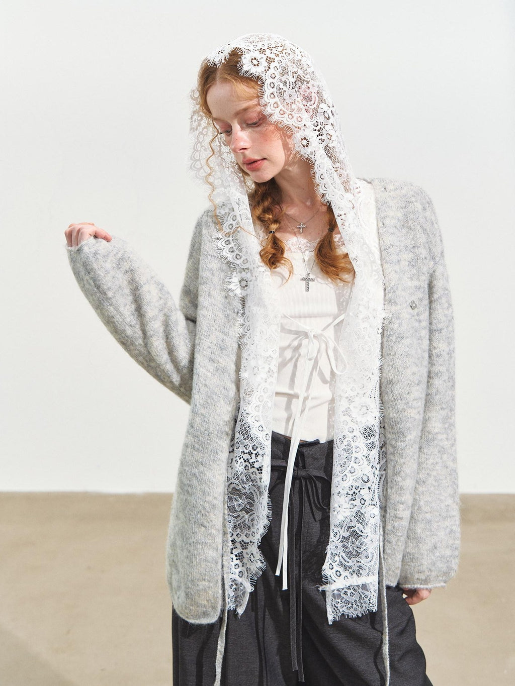 SOMESOWE Shape Retaining Sexy Lace Hooded Loose Polo Collar Women White Button Blouses