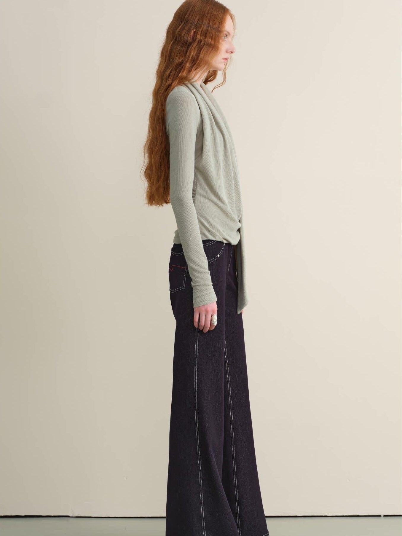 someonesometimes Stretch Minimal Natural Waist Topstitch Detail Women Midnight Blue Flared Jeans