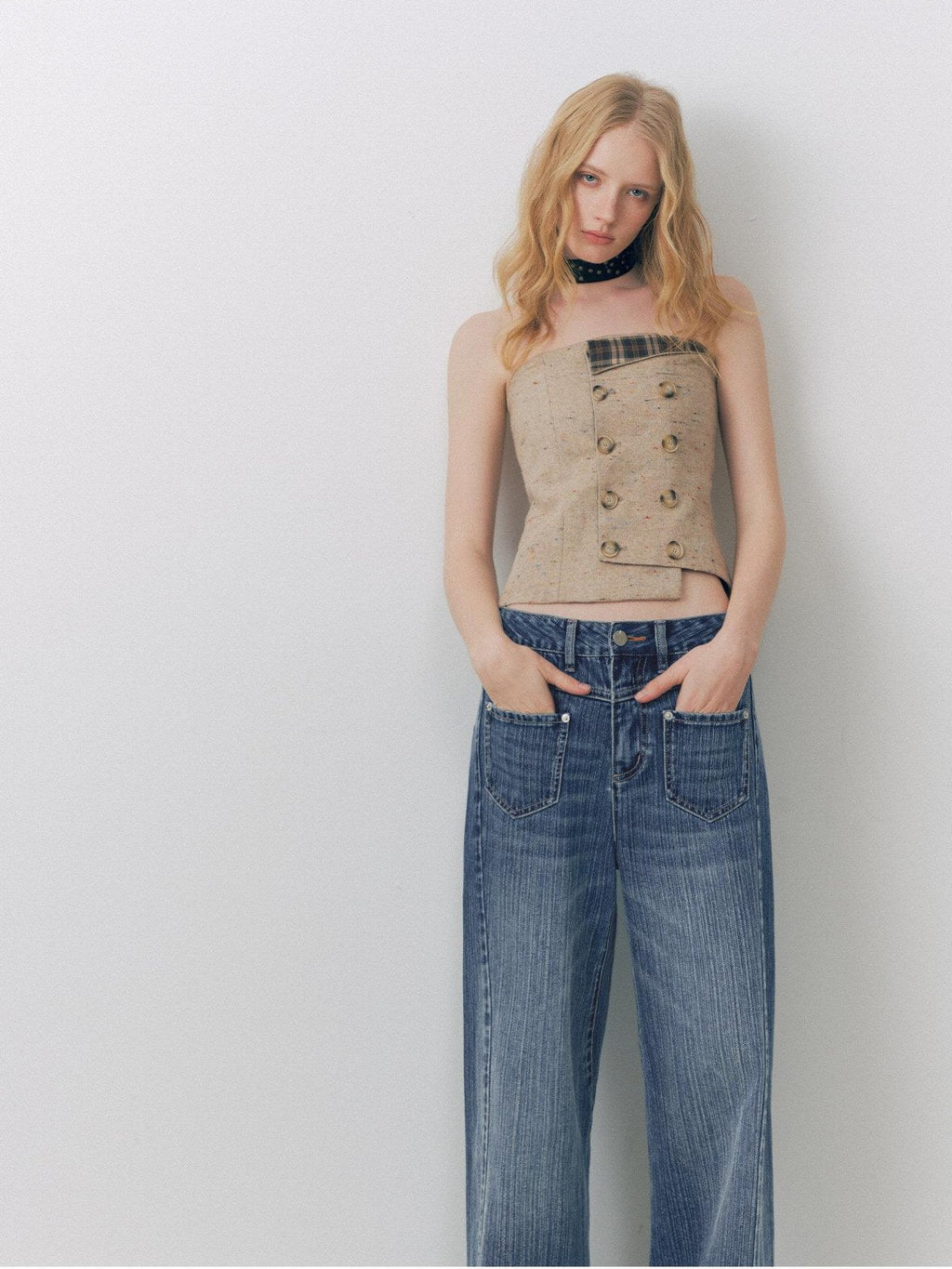 DeleteEx Cityscape Chic Loose Fit Natural Waist Button Fly Blue Women Wide Leg Jeans