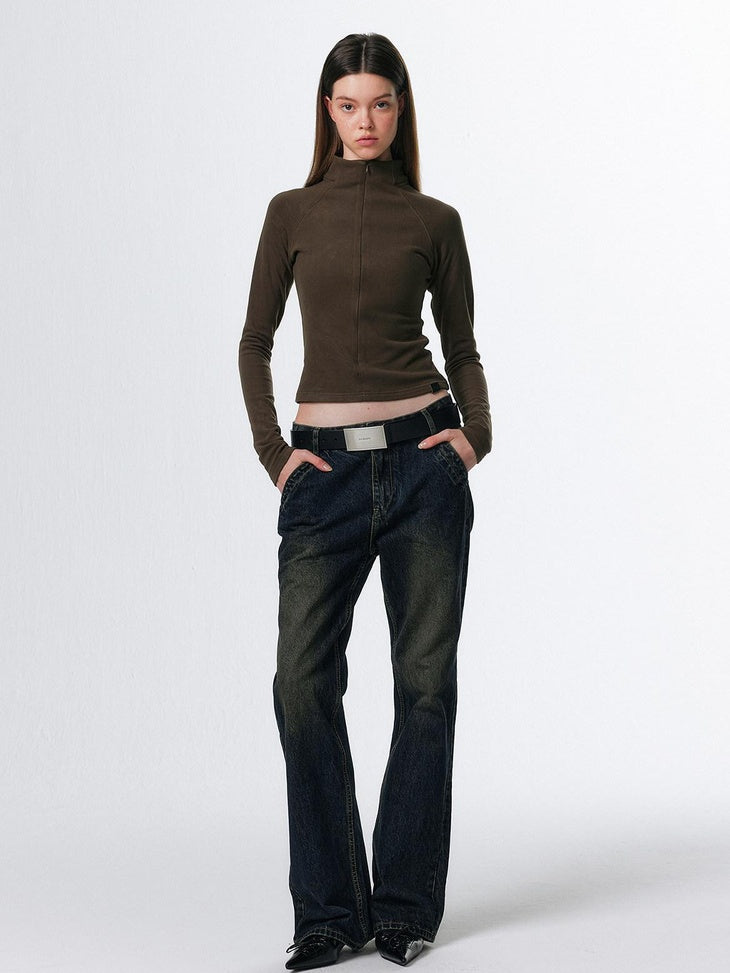 ALINNVSTUDIO Zip Half Collar Slim Commuter Ladies Black Olive Long Sleeve T-Shirts