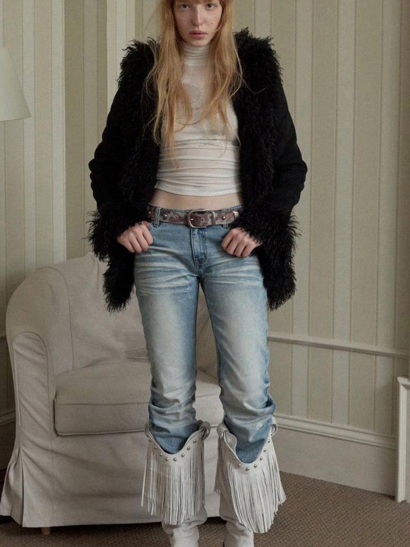 1JINN STUDIO Cozy Cropped Slim Fit Casual Crew Neck Women Black Camel Faux Fur Coats
