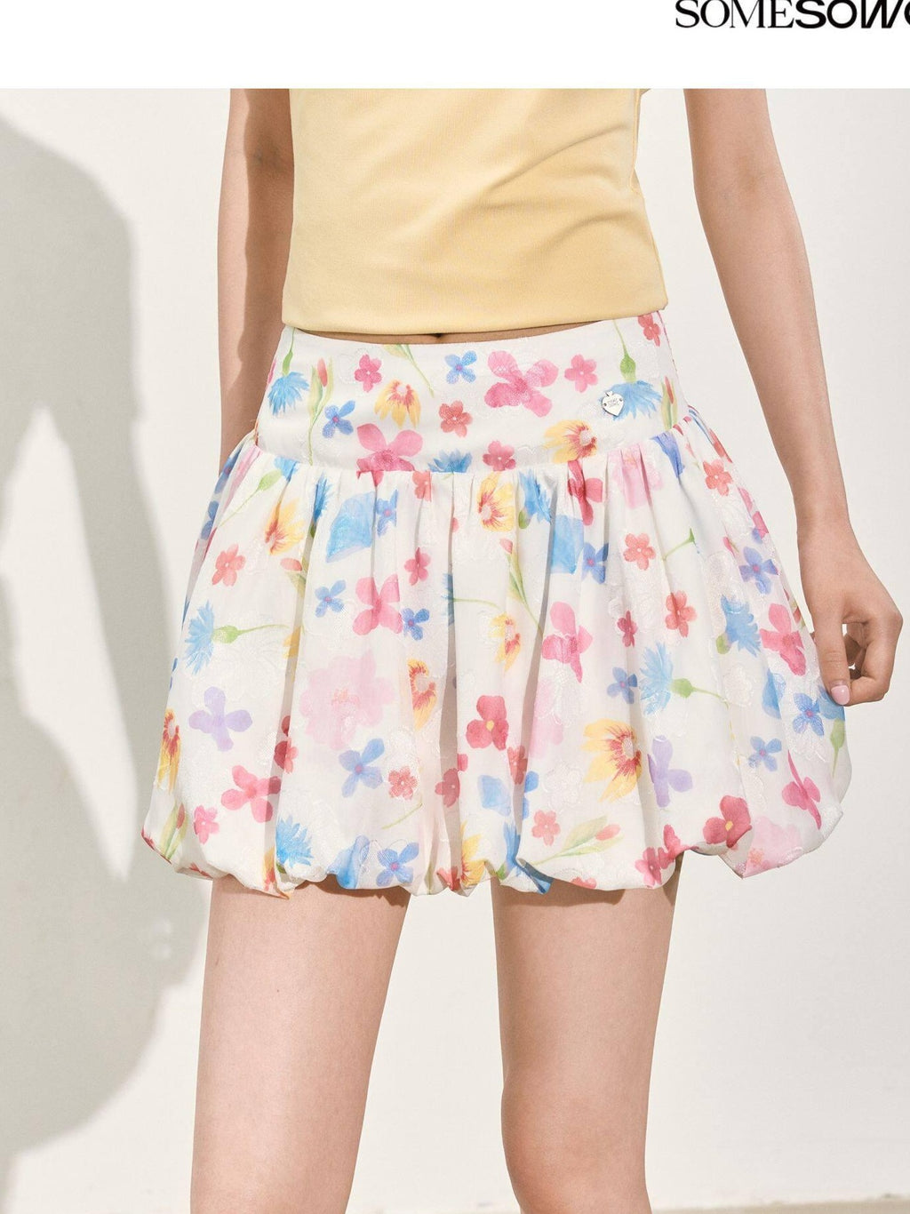 SOMESOWE Pleated A Line Mid Waist Loose Fit Casual Floral Pink Polyester Mini Skirts