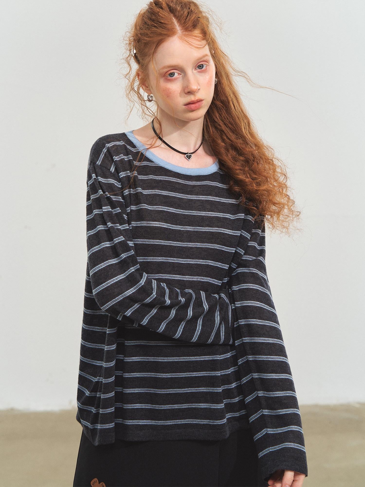 SOMESOWE Acrylic Knit Casual Slim Fit Striped Crew Neck Women Long Sleeve T-Shirts