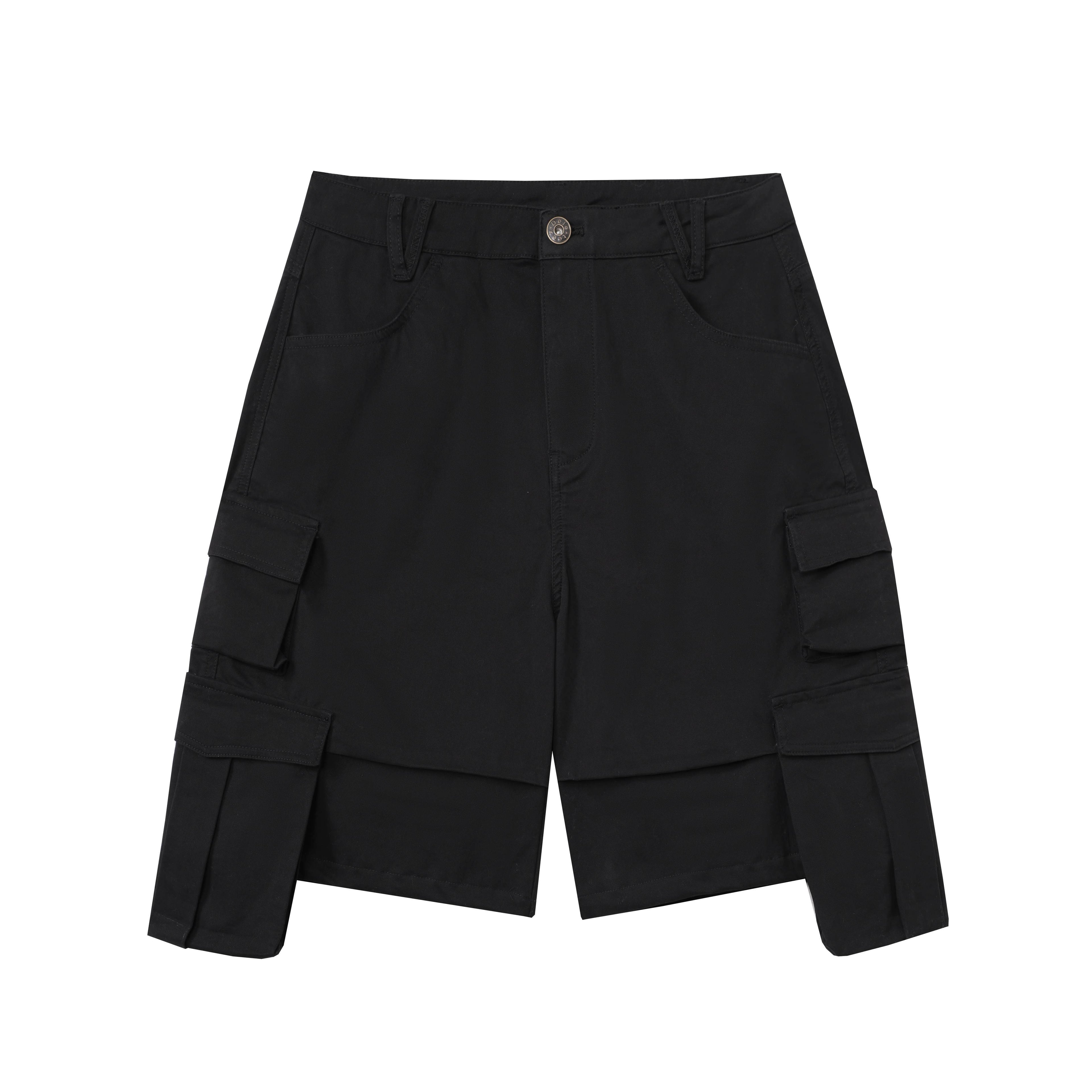 DeleteEx_Button_Fly_Natural_Waist_Multi_Pocket_Casual_Women_Beige_Black_Mid-Length_Shorts_MISSTT