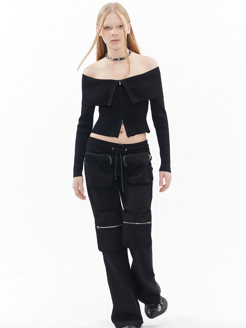 ALINNVSTUDIO Black Long Sleeve One Size Open Front Office Style Solid Off Shoulder Crop Tops