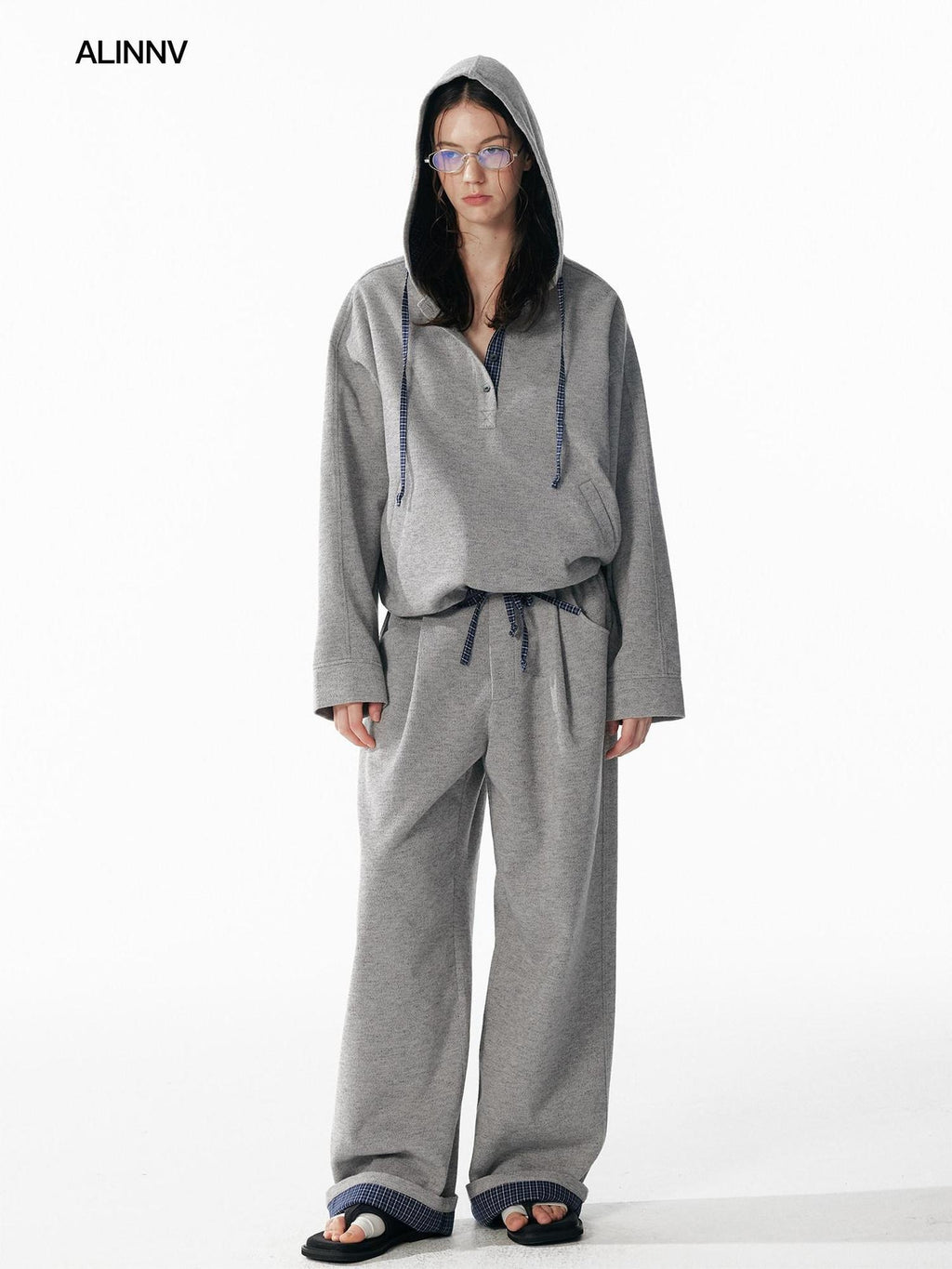 ALINNVSTUDIO Soft Brushed Relaxed Fit Grey Hoodie Jogger Casual Athleisure Top & Pants Sets