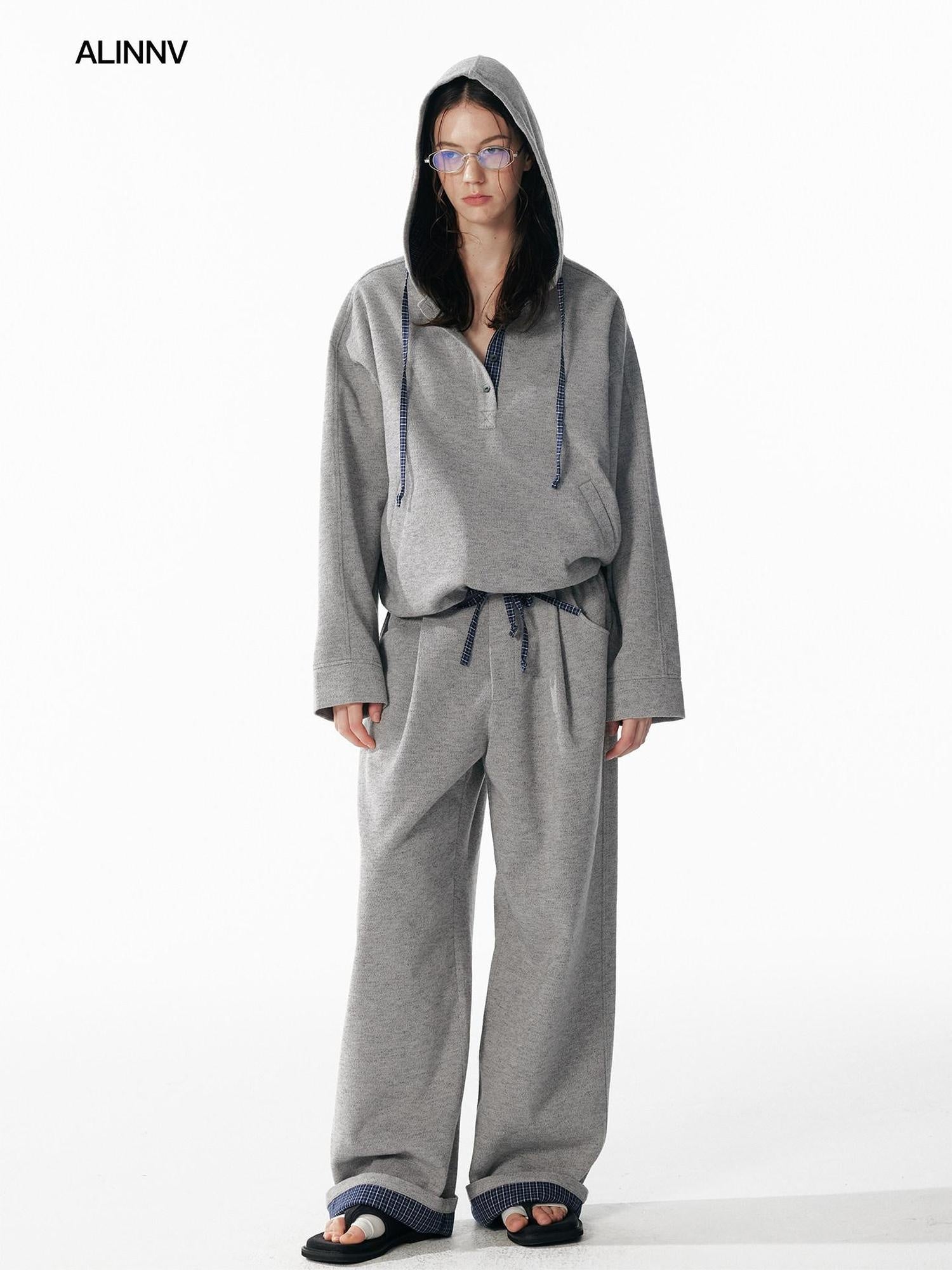 ALINNVSTUDIO Soft Brushed Relaxed Fit Grey Hoodie Jogger Casual Athleisure Top & Pants Sets