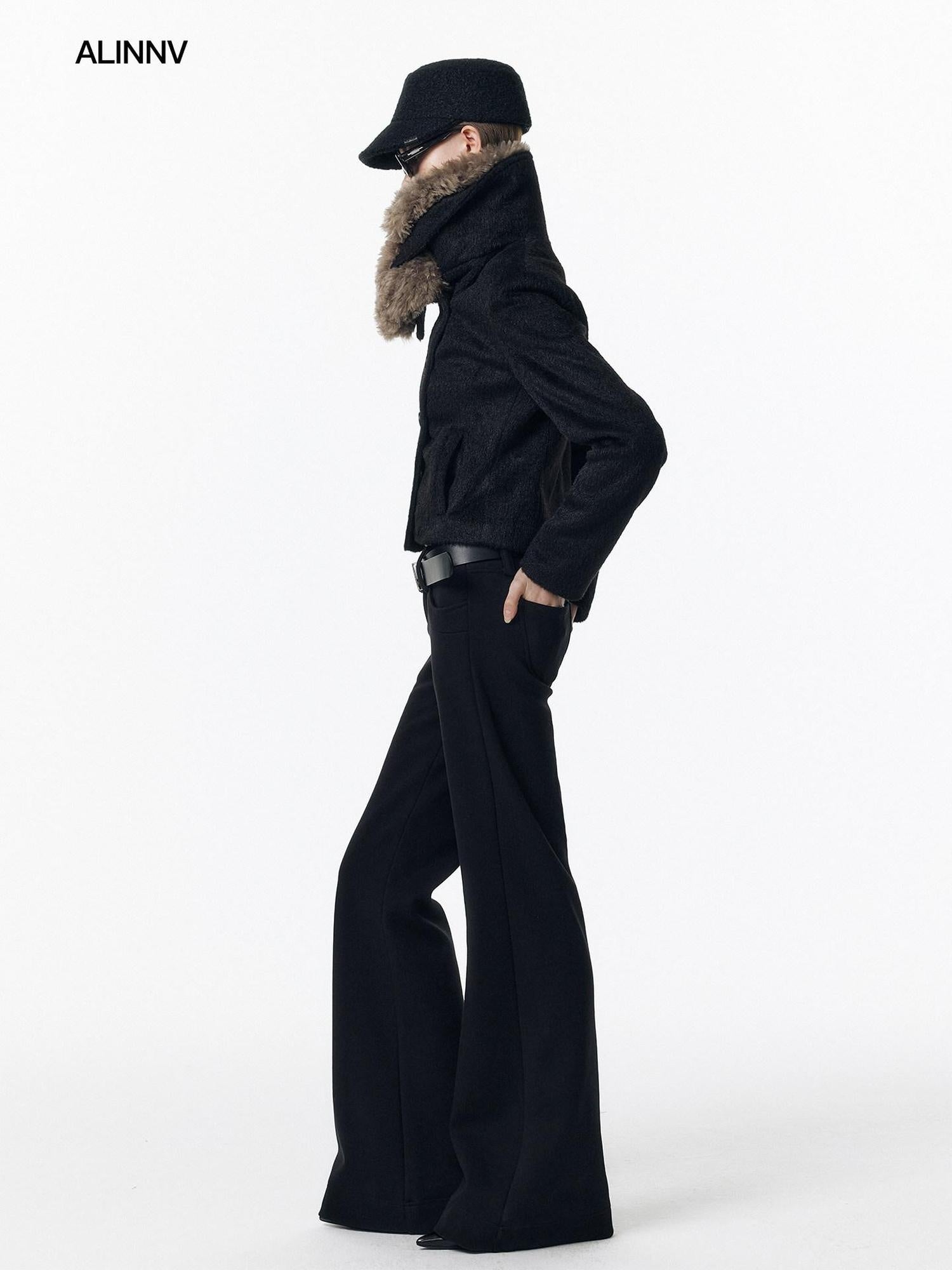 ALINNVSTUDIO Warm Low Rise Casual Zip Fly Slight Stretch Black Women Flared Pants