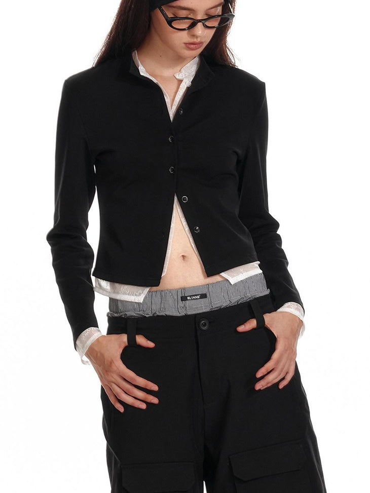 ALINNVSTUDIO Minimalist Stand Collar Long Sleeve Slim Fit Black Solid Casual Shirts