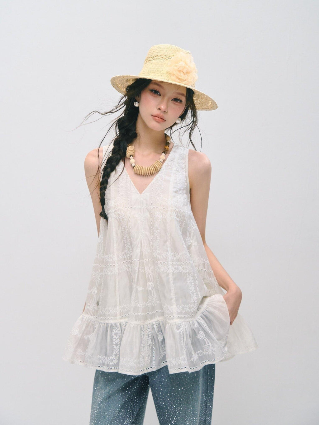 SOMESOWE Ruffled A Line Loose Fit Casual Round Neck Sleeveless Women Tank Tops