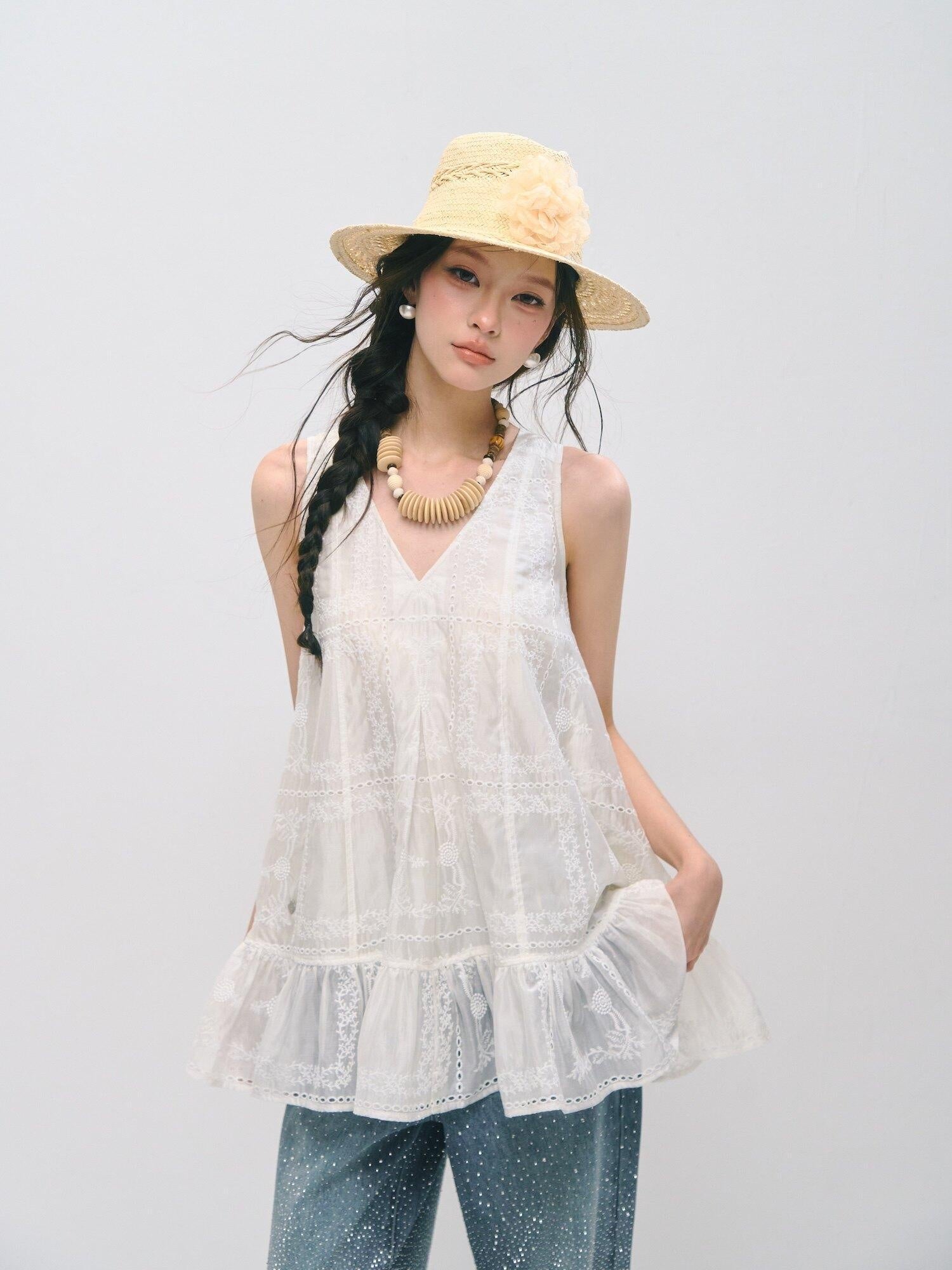 SOMESOWE Ruffled A Line Loose Fit Casual Round Neck Sleeveless Women Tank Tops