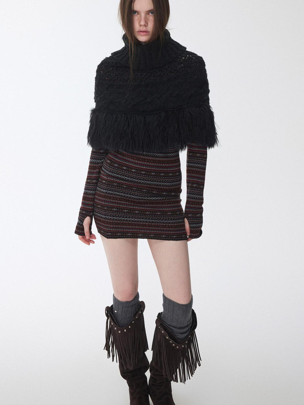 1JINN STUDIO Fringe Polka Dot Cropped High Neck Long Sleeve Women Knitwear Sweaters