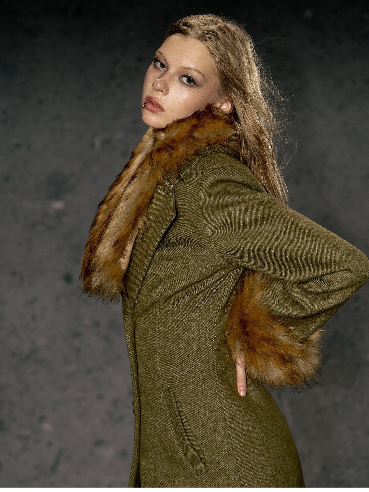 DeleteEx Wool Blend Vintage Commuter Double Breasted Midlength Yellow Green Wool Coats