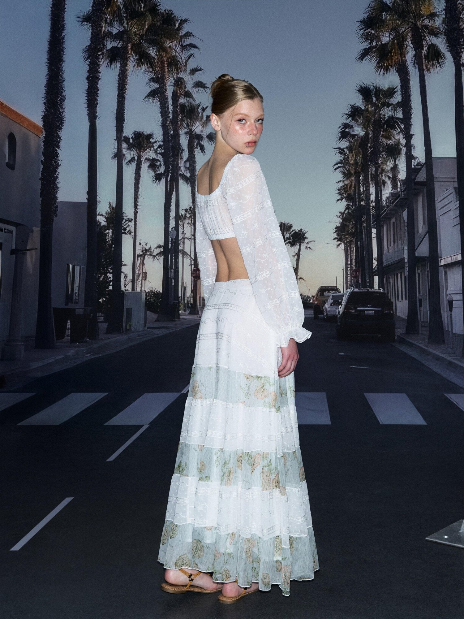 DeleteEx Soft Korean Tiered Mid Rise Loose Fit White Green Floral Patchwork Maxi Skirts