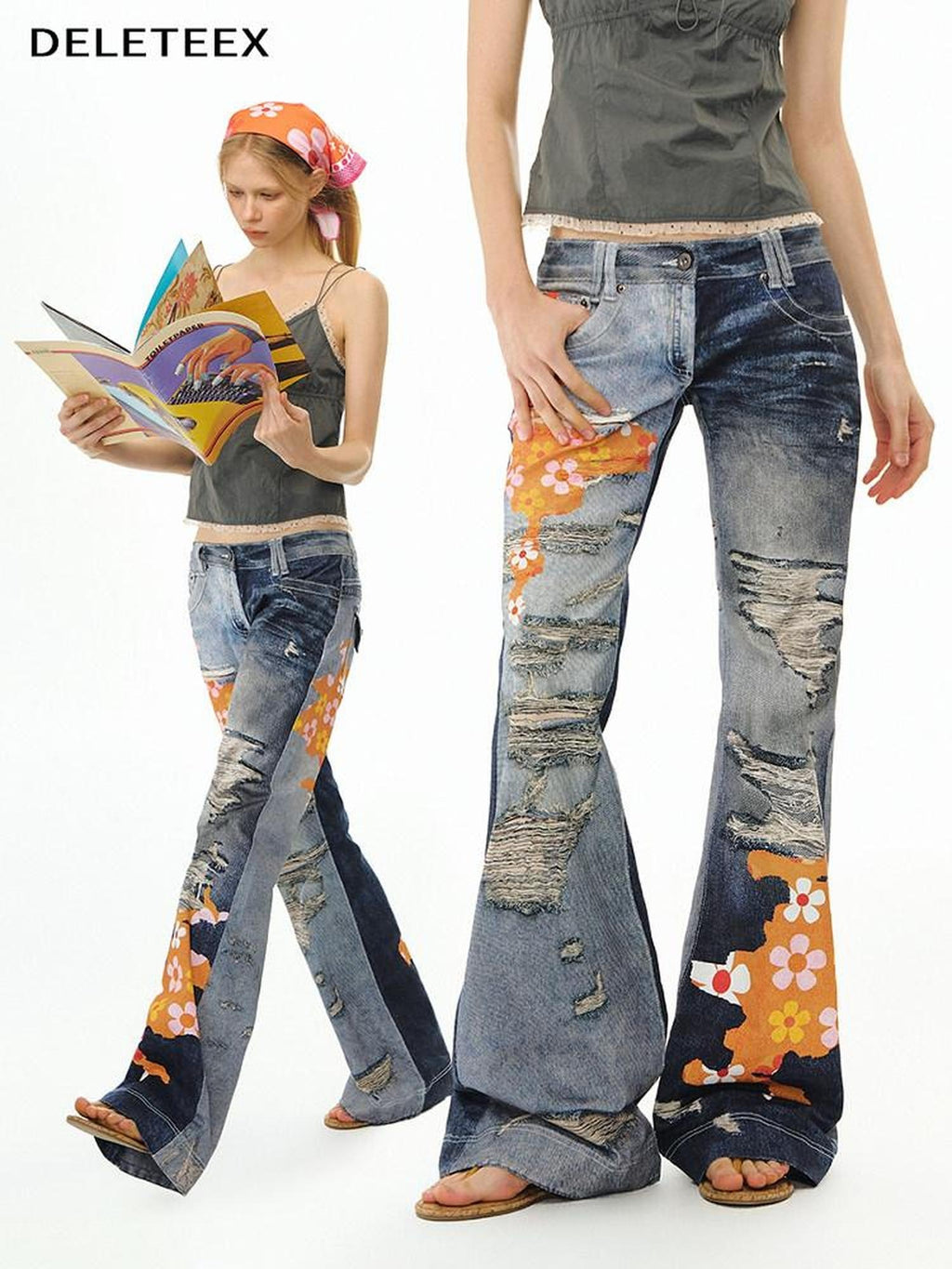 DeleteEx Stretch Cotton Denim Low Rise Micro Flare Casual Deep Blue Long Flared Jeans