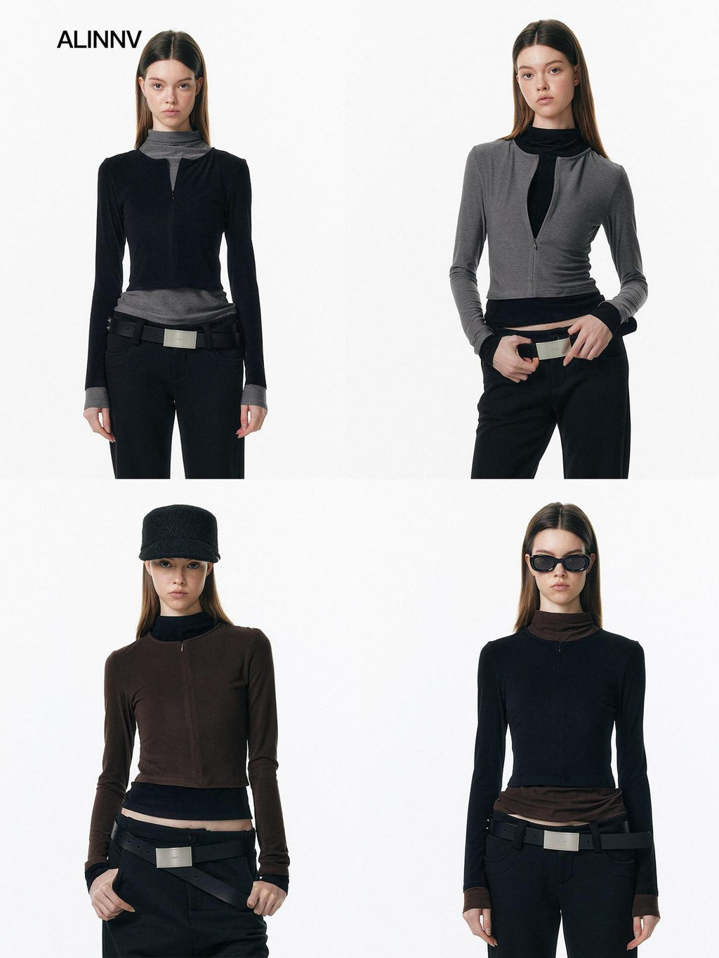 ALINNVSTUDIO Soft Zipper Slim Fit Short Collar Office Ladies Contrast Long Sleeve T-Shirts