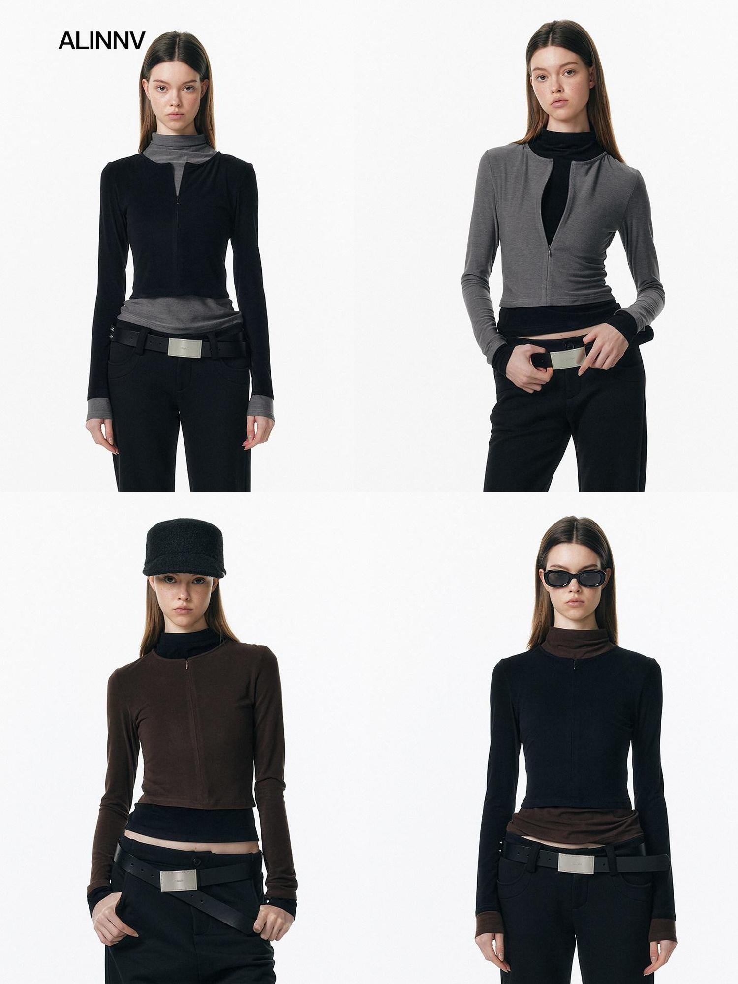 ALINNVSTUDIO Soft Zipper Slim Fit Short Collar Office Ladies Contrast Long Sleeve T-Shirts