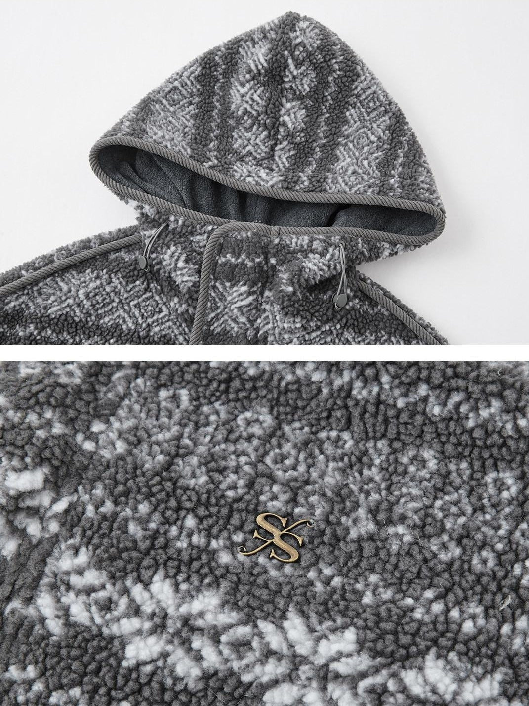 SOMESOWE Cozy Fleece Oversized Hooded Women Outdoor Zip Geometric Gray Jackets