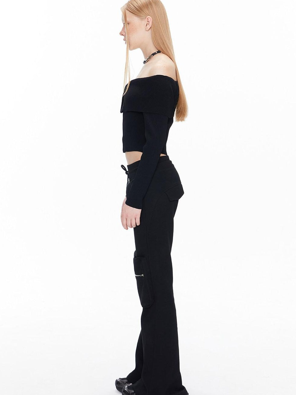 ALINNVSTUDIO Black Long Sleeve One Size Open Front Office Style Solid Off Shoulder Crop Tops