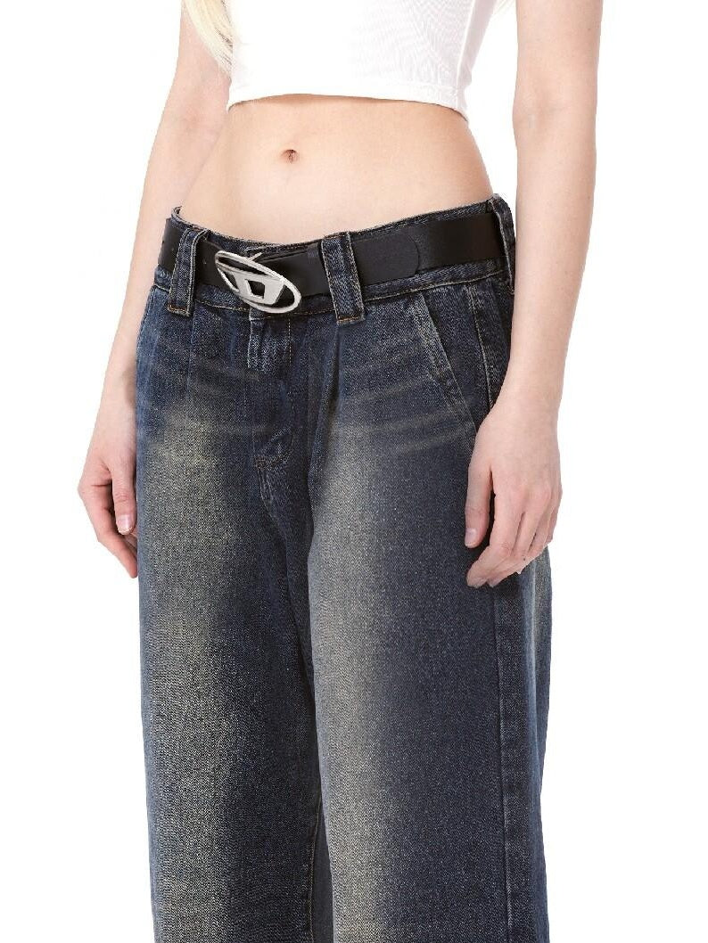 DeleteEx High Waist Distressed American Loose Fit Zipper Women Dark Blue Wide Leg Jeans