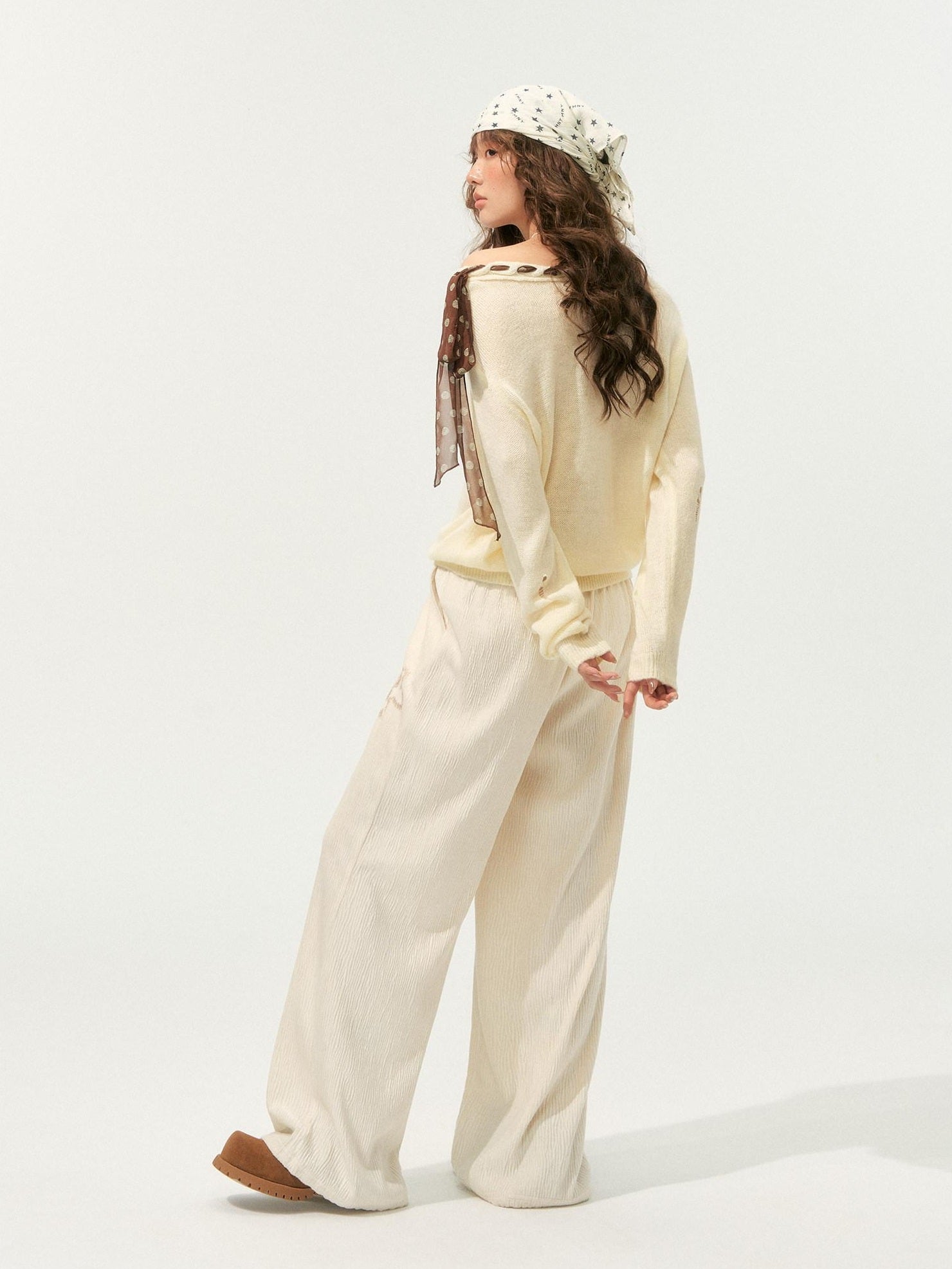 SOMESOWE Pleated Floral Pocket Loose Beige Womens Polyester Wide Leg Pants
