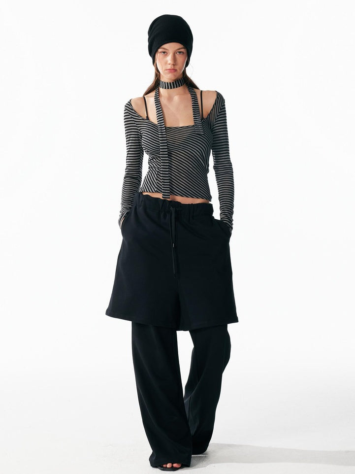ALINNVSTUDIO Wool Blend Slim Fit Cropped Crewneck Striped Women Long Sleeve T-Shirts